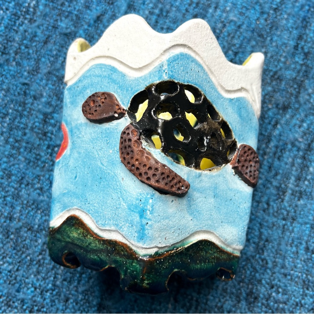 Handmade Art Pottery Ceramic Turtle Palm Tree Dish Candle Holder Planter